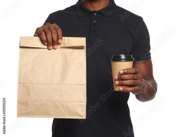 Fototapeta A man holds a paper bag in one hand and a takeaway coffee cup in the other, dressed in a black polo shirt.