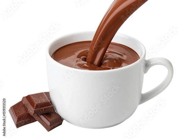 Fototapeta A white cup is being filled with rich, creamy hot chocolate, with chocolate bars placed beside it.