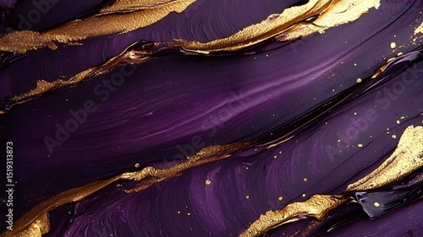 Fototapeta Dark plum ink layered with warm gold paint streaks, creating a textured composition with rich depth and a flowing, dynamic design.