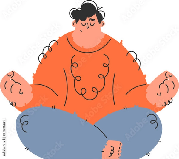 Fototapeta Cartoon Man Meditating in Lotus Position for Mental Health and Wellness, Vector.