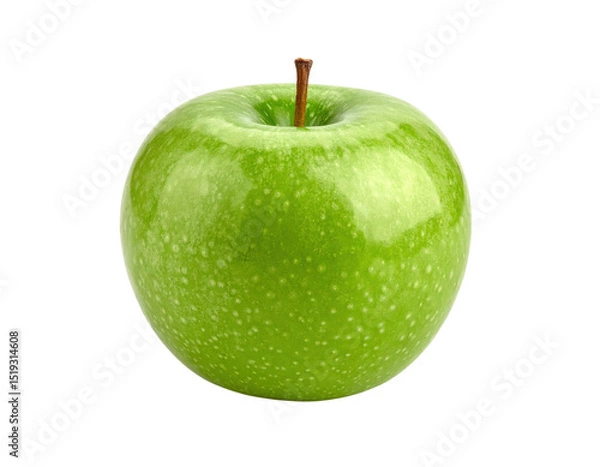 Fototapeta Shiny green apple with a crisp texture and a short brown stem.