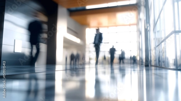 Fototapeta blurry fast animation of a busy work hour man in suits working several people rushing into work leaving work in an open airy lobby of a high rise building with sunlight streaming in