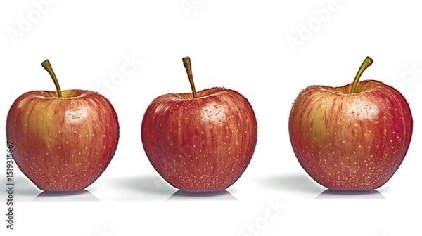 Obraz Three fresh red apples with a sweet taste arranged beautifully with spacing set against a plain white background.