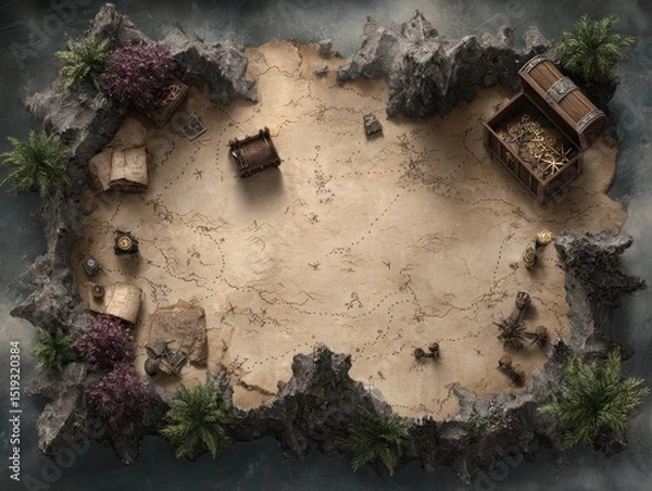 Fototapeta Detailed Pirate Treasure Map Layout Featuring X Marked Locations and Rich Background Elements