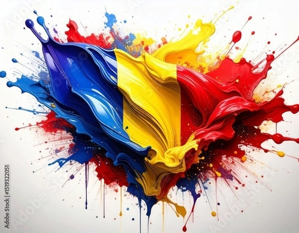 Fototapeta The flag of Romania depicted with a dynamic, splattered paint effect, giving it a vibrant and modern appearance. The colors stand out vividly against a white background.