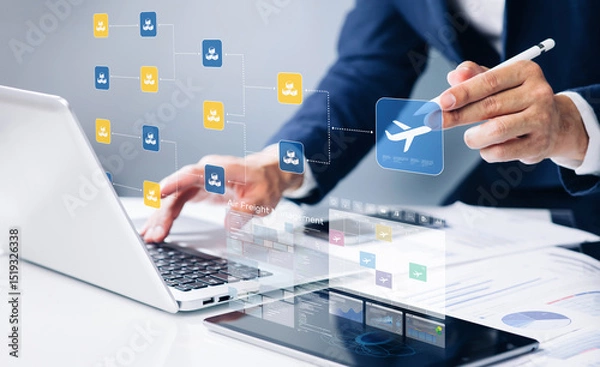 Fototapeta Air Freight Management with person using interactive interface.Business golbal witn export and import.Transportation industry