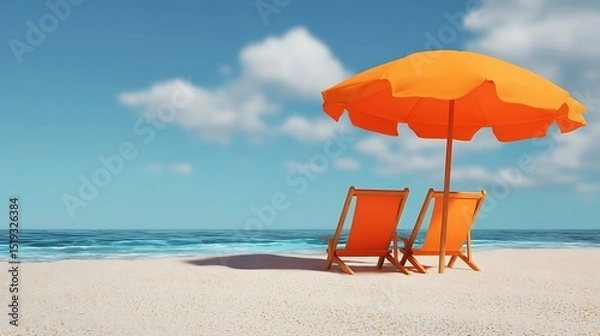 Obraz Beach umbrella and chairs on golden sand, summer relaxation and getaway concept