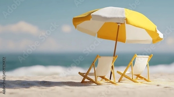 Obraz Beach umbrella and chairs on golden sand, summer relaxation and getaway concept
