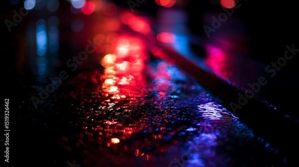 Obraz Glowing red and blue lights on wet street, vivid urban night scene