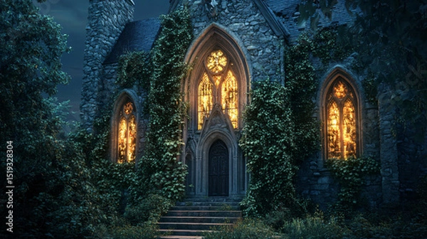 Fototapeta Ancient stone church with ivy-covered walls and glowing stained glass windows at dusk.