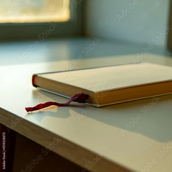 Obraz Closed book with bookmark on wood desk in late afternoon light, side angle view