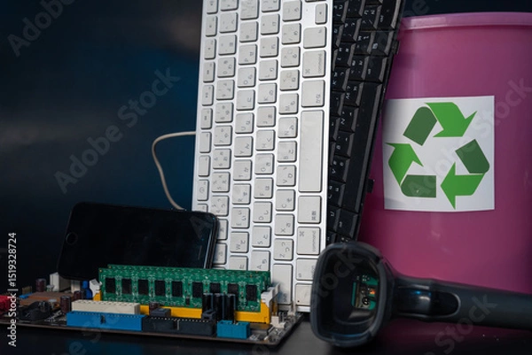Fototapeta Electronic waste management. Various electronic waste such as motherboard, computer, smart phone, mobile phone Electric device, World Environment Day