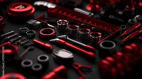 Obraz Red And Black Mechanic Tools Collection On Dark Background