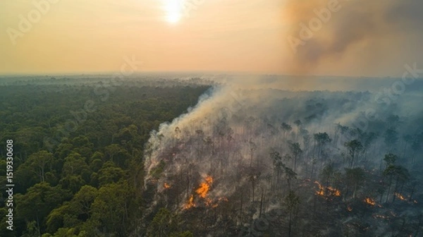 Obraz wildfire burning forest land with smoke rising to atmosphere, emphasizing human caused ignition