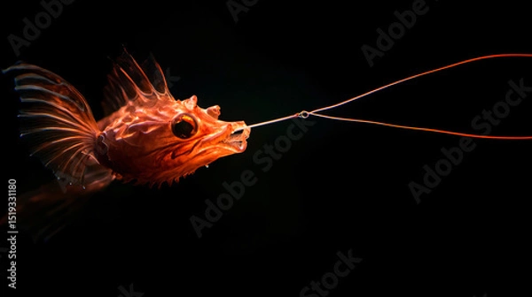 Fototapeta Anglerfish with luminous lure hunting in pitch-black ocean depths.