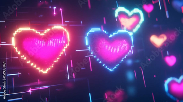 Fototapeta Animated pixel neon hearts with flickering glow and retro video game style, colorful and energetic.