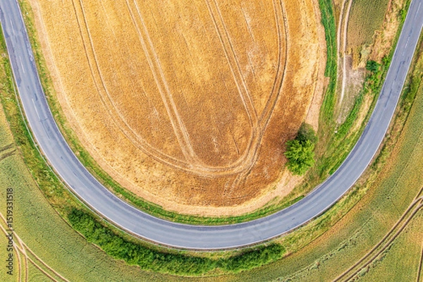 Fototapeta View vertically downwards on a 180-degree curve amidst fields and meadows in the Taunus
