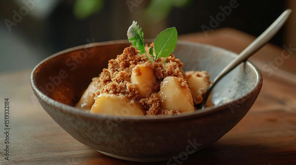 Fototapeta Apple crumble served in a small ceramic bowl with a spoon.