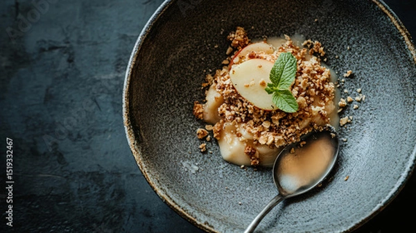 Fototapeta Apple crumble served in a small ceramic bowl with a spoon.