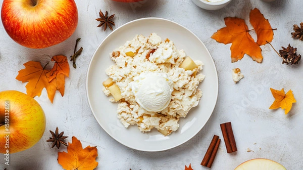 Fototapeta Apple crumble served with a scoop of vanilla ice cream on a white plate.