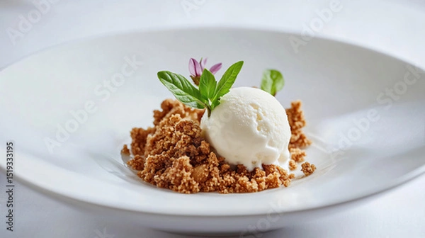 Fototapeta Apple crumble served with a scoop of vanilla ice cream on a white plate.