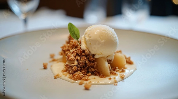 Fototapeta Apple crumble served with a scoop of vanilla ice cream on a white plate.