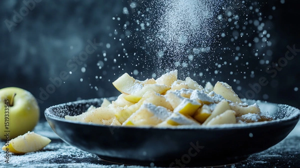 Fototapeta Apple crumble with fresh apple slices and a dusting of powdered sugar.