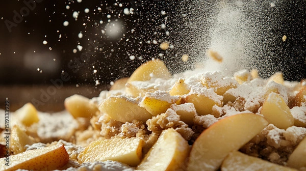 Fototapeta Apple crumble with fresh apple slices and a dusting of powdered sugar.