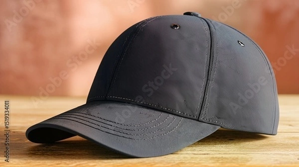 Obraz Sleek blank black baseball cap on a polished wooden table with blurred background