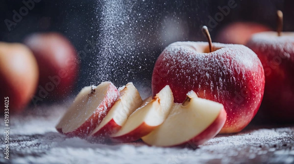 Fototapeta Apple crumble with fresh apple slices and a dusting of powdered sugar.