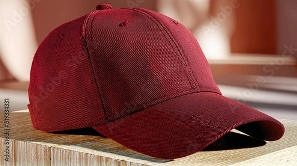 Obraz Stylish maroon baseball cap on a wooden surface with soft sunlight and shadows