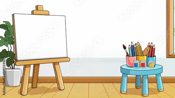 Fototapeta Art studio setup with a blank canvas on an easel and colorful art supplies