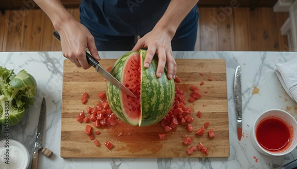 Obraz Cutting Fresh Watermelon in Kitchen with Knife