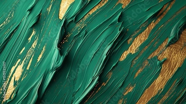 Fototapeta Deep emerald green ink over soft gold paint streaks, blending together to form an elegant, textured pattern with a sense of movement.