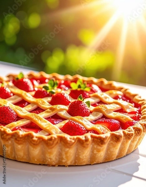 Fototapeta Sunlit strawberry tart with fresh strawberries and lattice crust on patio table