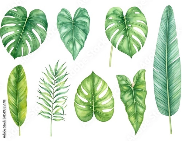 Obraz Set of tropical leaves. Jungle, botanical watercolor illustrations, floral elements, palm leaves, fern and others.creativity, cut out, herb, idyllic, photography, rainforest, color image, abstract,