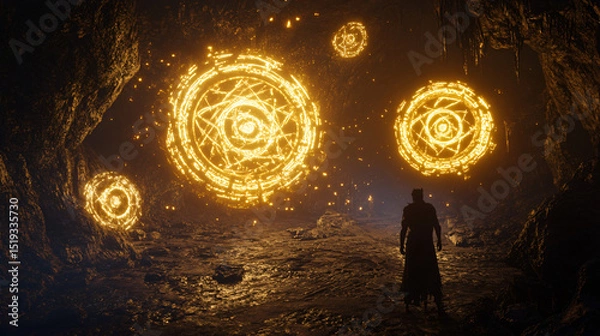 Fototapeta Arcane glowing runes floating around a demon in a dark mystical cavern.