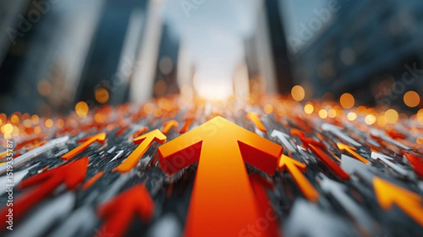 Obraz Rising orange arrow among many smaller arrows symbolizing growth and progress in blurred cityscape background with glowing bokeh lights creating inspiring atmosphere