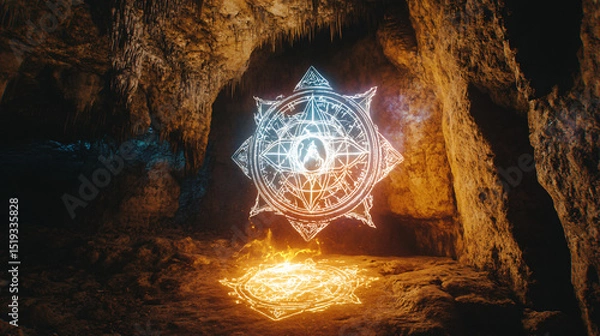 Fototapeta Arcane symbols illuminating a hidden demon in a cave filled with magical light.