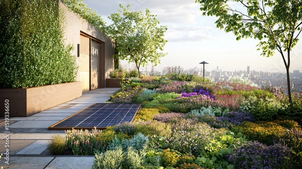 Fototapeta Architectural detail of a rooftop garden with solar-powered lighting and native plant species.