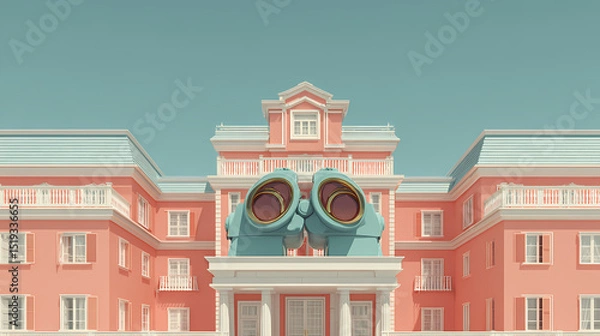 Obraz design for retro postcard series | lost innocence | structured calm | sky blue and coral | centered tableau | binoculars | pastel color overlay | flat lighting | fictitious European hotel | color