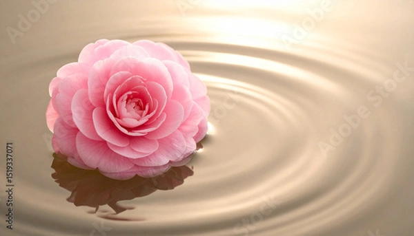 Fototapeta Single pink camellia flower floating on calm reflective water with soft ripples and golden triangle composition, illuminated by diffused morning light
