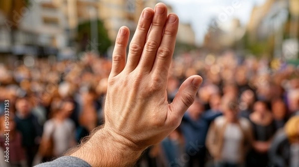 Obraz Raised hand signifying stop or protest in a blurred crowd - social activism