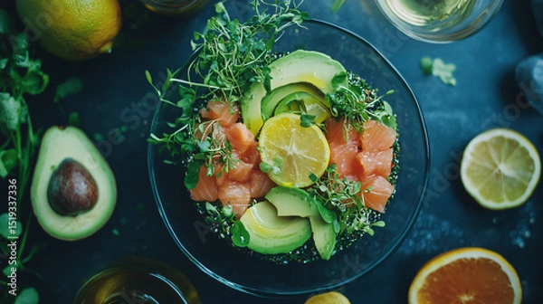 Fototapeta Artfully arranged tartare of salmon and avocado with microgreens and citrus oil.