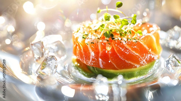 Fototapeta Artfully arranged tartare of salmon and avocado with microgreens and citrus oil.