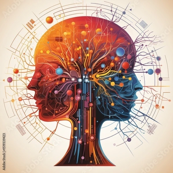 Fototapeta Human head profile image, multicolored, neurons, abstract, mental health, body and emotional states, balance, equilibrium on light background