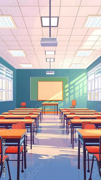 Obraz Pixel Art Classroom Interior With Empty Desks