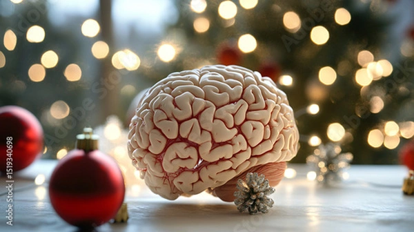 Fototapeta 3D brain model highlighting stress-related regions activated during Christmas celebrations.