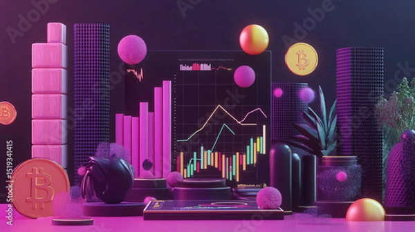 Fototapeta 3D illustration of cryptocurrency market data with charts and digital assets.