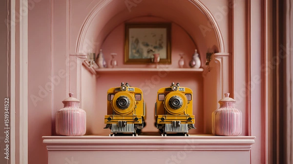 Obraz branding concept for boutique hotel | gentle absurdity | structured calm | dusty pink and mustard | stage-like layout | binoculars | vignette balance | flat lighting | vintage train journey | modern